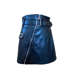 Belted Faux Leather High-Waist A-Line Mini Skirt‎ - Zip-Up, Oblique Zip Detail